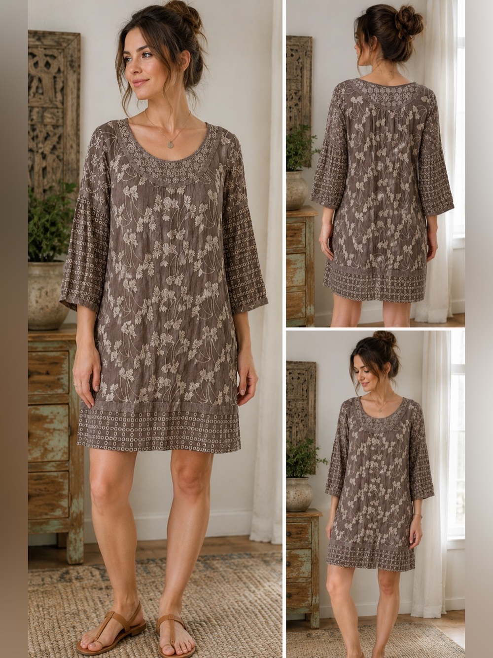 Johnny Was S Embroidered Boho Tunic Dress Floral Cottagecore Festival Rayon